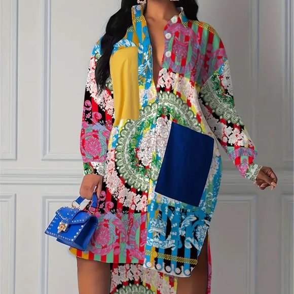Plus Size Boho Dress, Women's Plus Patchwork Floral Print Long Sleeve Button Up - Picture 1 of 5